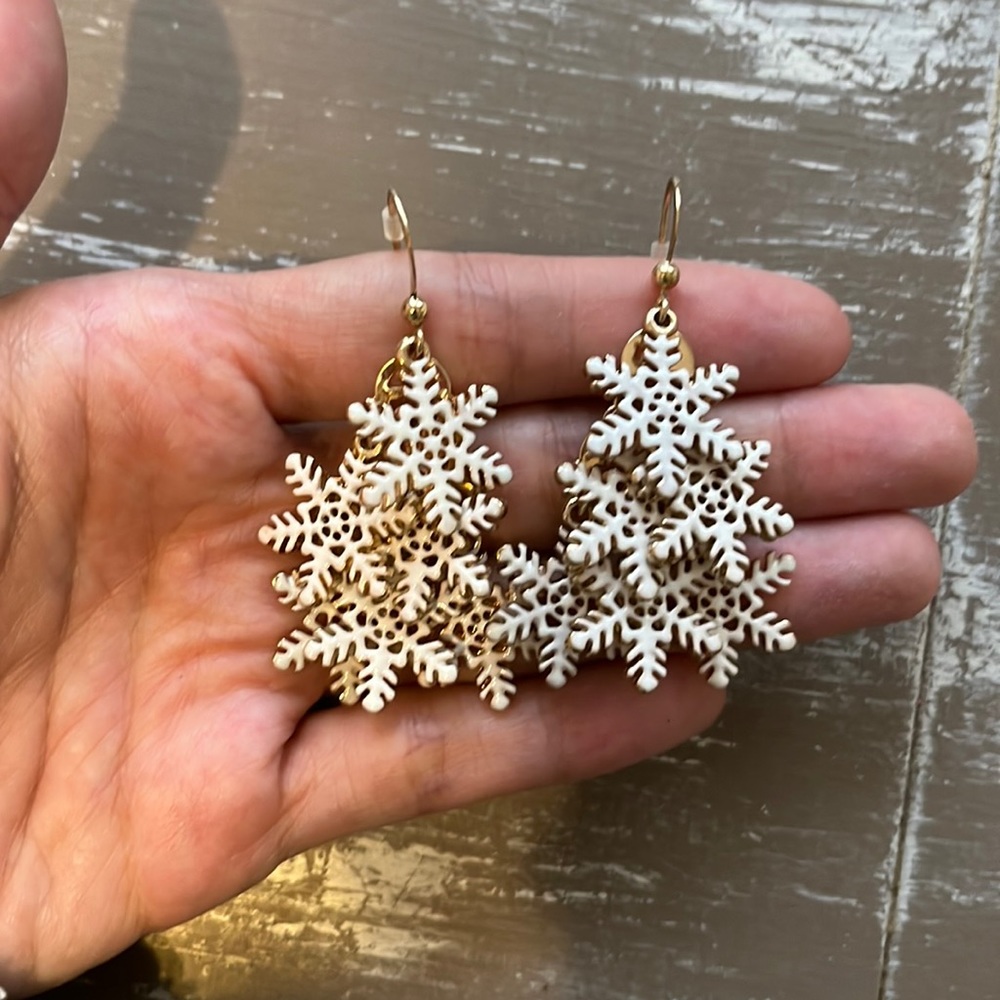 White Gold Snowflake Dangle Earrings Large Layered Statement Winter Christmas